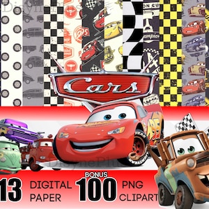 Cars Digital Paper, Cars PNG Clipart, Lightning McQueen PNG, Instant Download, Pixar Cars Birthday, Mater PNG Clip Art