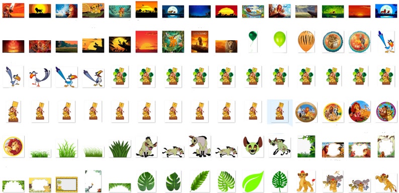 May include: A collection of digital images featuring characters and scenes from the animated film The Lion King. The images include Simba, Mufasa, Pumbaa, Timon, Zazu, Scar, and other characters. The images are in various styles, including cartoon, realistic, and stylized. The images are suitable for use in crafts, scrapbooking, and other creative projects.