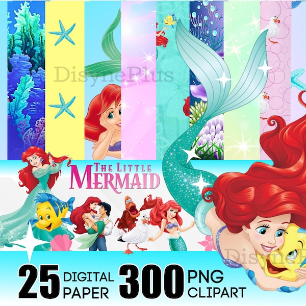 Little Mermaid Paper, Ariel PNG Clipart, Little Mermaid PNG, Ariel Paper, Little Mermaid Birthday, Princess clipart, Princess PNG, Flounder