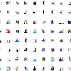 May include: A collection of 100 colorful digital clipart images featuring characters from the animated film Frozen. The images include Elsa, Anna, Olaf, Kristoff, Sven, and other characters from the movie. The images are perfect for creating crafts, scrapbooking, and other creative projects.