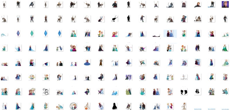 May include: A collection of 100 colorful digital clipart images featuring characters from the animated film Frozen. The images include Elsa, Anna, Olaf, Kristoff, Sven, and other characters from the movie. The images are perfect for creating crafts, scrapbooking, and other creative projects.