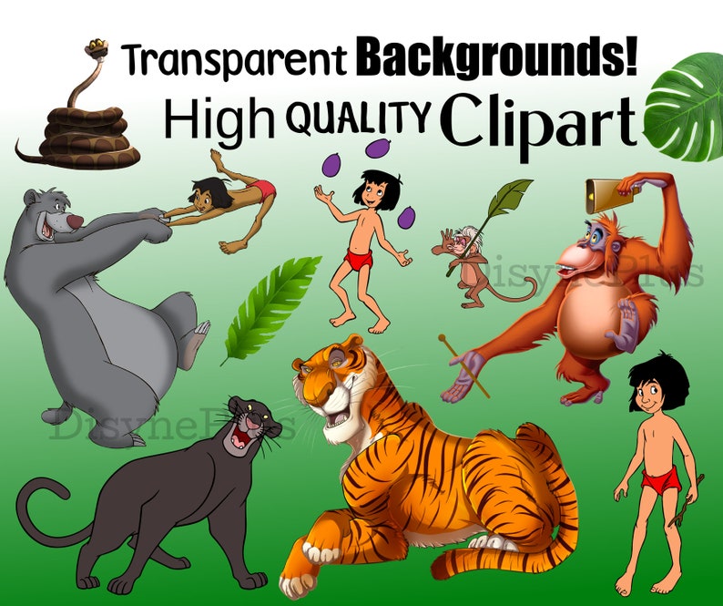 Puede incluir: Un conjunto de personajes de dibujos animados coloridos del Libro de la Selva, incluyendo a Baloo el oso, Shere Khan el tigre, Kaa la pit&oacute;n, King Louie el orangut&aacute;n y Mowgli el ni&ntilde;o. Los personajes est&aacute;n sobre un fondo verde con el texto "Transparent Backgrounds! High Quality Clipart".
