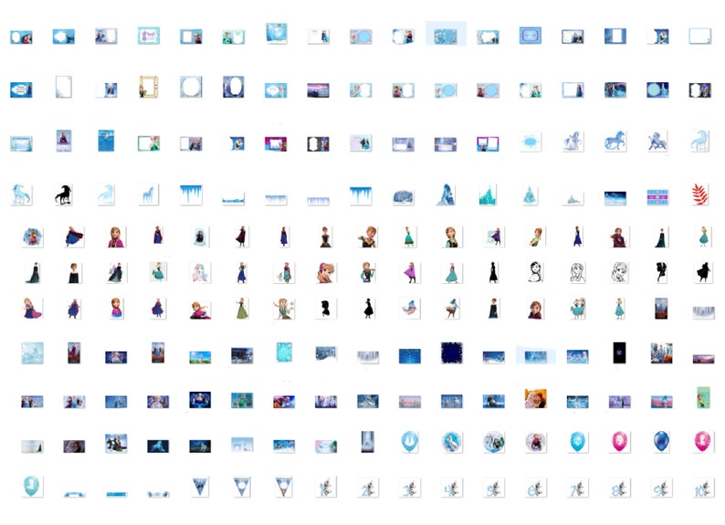 May include: A collection of digital images featuring characters and scenes from the animated film Frozen. The images include various frames, backgrounds, and characters such as Elsa, Anna, Olaf, and Kristoff. The images are in a variety of colors, including blue, white, and purple.