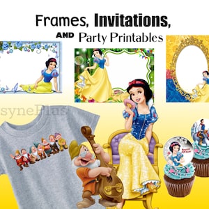 May include: Printable party decorations featuring Snow White and the Seven Dwarfs. Includes frames, invitations, cupcake toppers, and a t-shirt design.