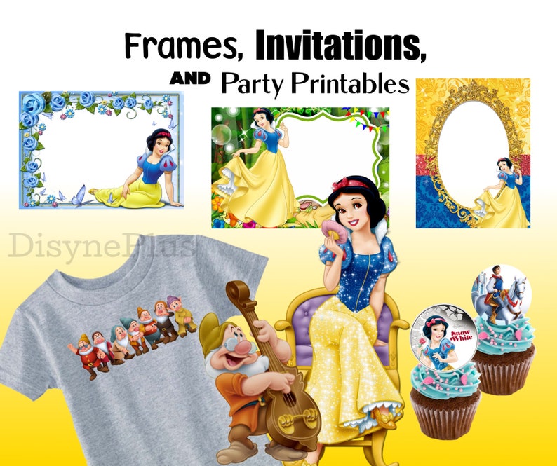 May include: Printable party decorations featuring Snow White and the Seven Dwarfs. Includes frames, invitations, cupcake toppers, and a t-shirt design.