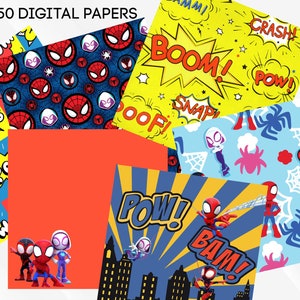 Puede incluir: 50 papeles digitales con un tema de superh&eacute;roes con varios dise&ntilde;os de estilo c&oacute;mic. Los dise&ntilde;os incluyen personajes de Spider-Man rojos y azules, burbujas de di&aacute;logo de c&oacute;mics rojas y azules y telara&ntilde;as negras y blancas.