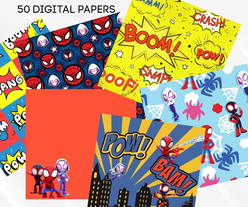 Puede incluir: 50 papeles digitales con un tema de superh&eacute;roes con varios dise&ntilde;os de estilo c&oacute;mic. Los dise&ntilde;os incluyen personajes de Spider-Man rojos y azules, burbujas de di&aacute;logo de c&oacute;mics rojas y azules y telara&ntilde;as negras y blancas.