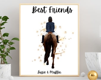 May include: A framed print with the words "Best Friends" above an illustration of a person riding a brown horse. The rider wears a navy jacket and white pants. The names "Suzie & Muffin" are below the illustration.