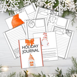 May include: A printable holiday journal with a red cover featuring a gnome with a white beard and a red and white striped hat. The cover also has a red bow with a gold bell. The journal has pages for writing and coloring with prompts like "Have you been naughty or nice this year?"