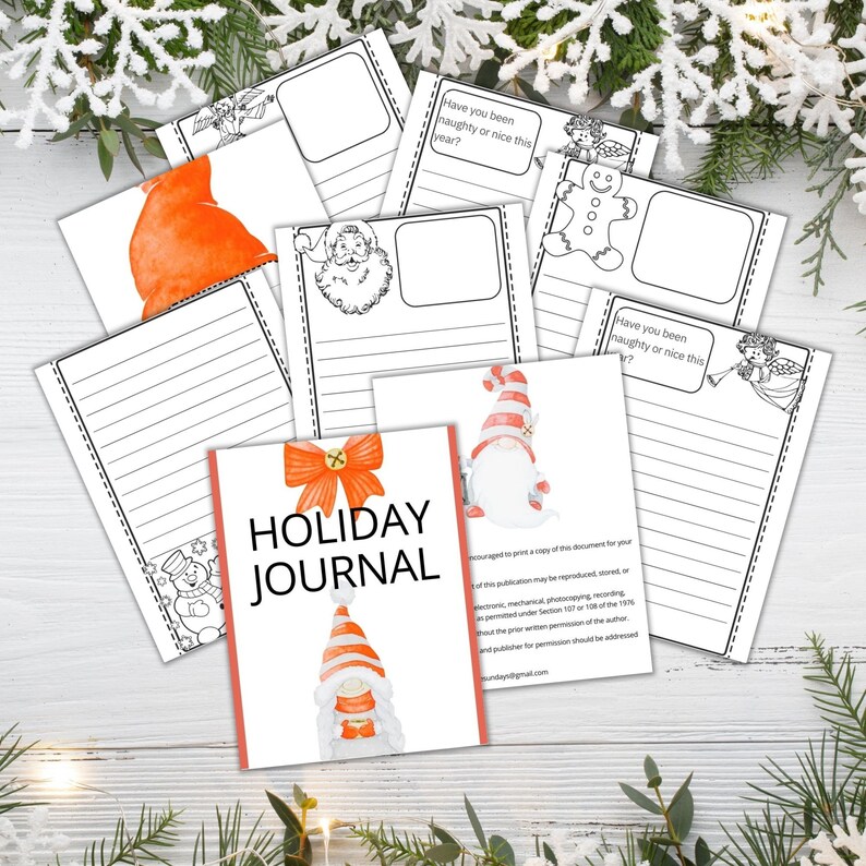 May include: A printable holiday journal with a red cover featuring a gnome with a white beard and a red and white striped hat. The cover also has a red bow with a gold bell. The journal has pages for writing and coloring with prompts like "Have you been naughty or nice this year?"