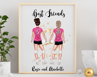 May include: A print with an illustration of two girls wearing pink volleyball uniforms with the numbers 5 and 20 on the back. The girls are holding volleyballs and are standing back to back. The text "Best Friends" is at the top of the print and the text "Rosie and Annabelle" is at the bottom.