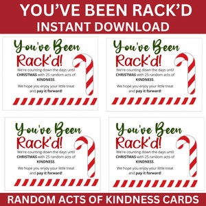 Cartes imprimables You've Been Rack'd, actes de gentillesse aléatoires à imprimer pour Noël, activité RAOK cannes de bonbon, étiquettes actes de gentillesse aléatoires à imprimer