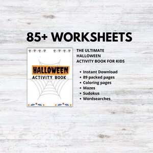 May include: A printable Halloween activity book for kids with a black and white spiderweb design on the cover. The book includes 89 pages of activities such as coloring pages, mazes, sudokus, and word searches.