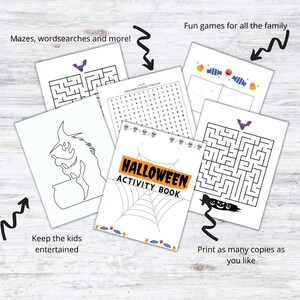 May include: A printable Halloween activity book with a black spiderweb design on the cover. The book includes mazes, word searches, and other activities. The text on the cover reads "Halloween Activity Book".