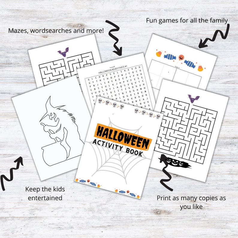 May include: A printable Halloween activity book with a black spiderweb design on the cover. The book includes mazes, word searches, and other activities. The text on the cover reads "Halloween Activity Book".