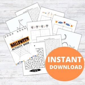 May include: An instant download Halloween activity book with a variety of activities, including a maze, word search, and coloring pages. The book features a black and white spider web design and the text "Halloween Activity Book".