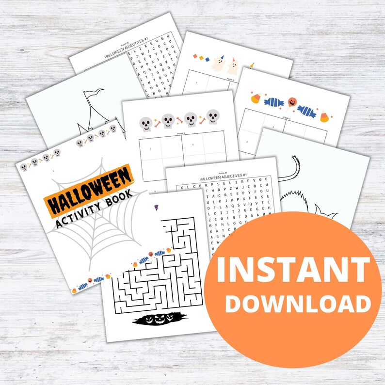 May include: An instant download Halloween activity book with a variety of activities, including a maze, word search, and coloring pages. The book features a black and white spider web design and the text "Halloween Activity Book".