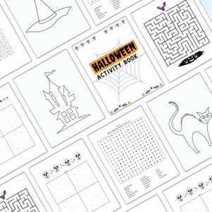 May include: A black and white Halloween activity book with a variety of activities, including a word search, a maze, a coloring page, and a Sudoku puzzle. The book is titled "Halloween Activity Book".