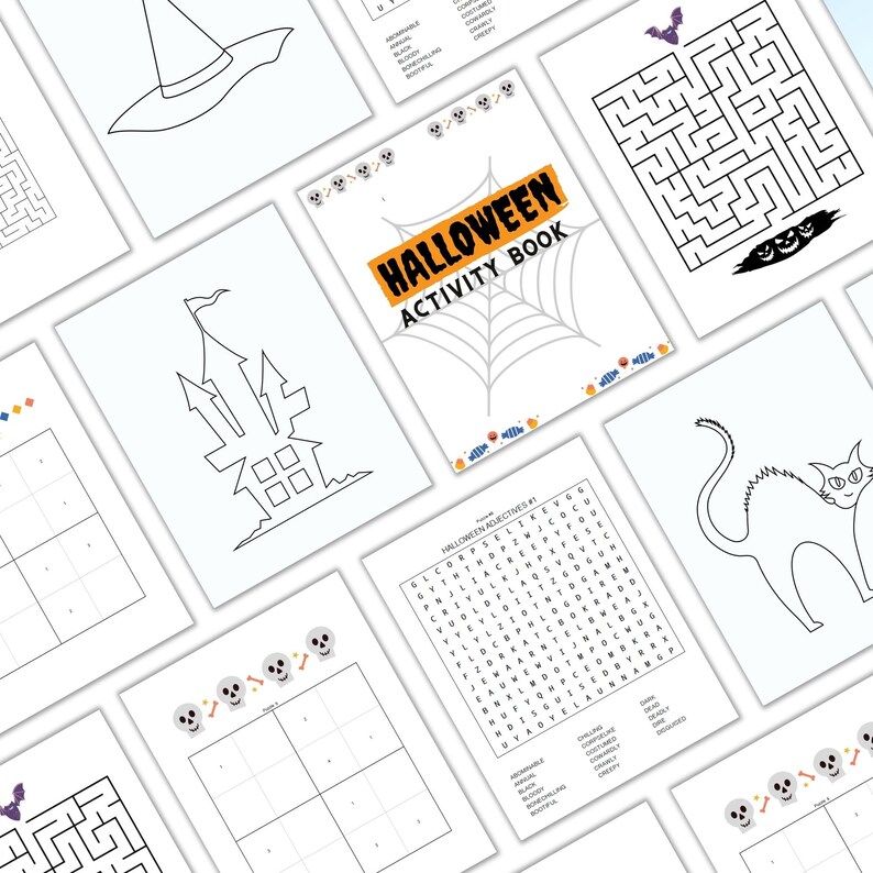 May include: A black and white Halloween activity book with a variety of activities, including a word search, a maze, a coloring page, and a Sudoku puzzle. The book is titled "Halloween Activity Book".