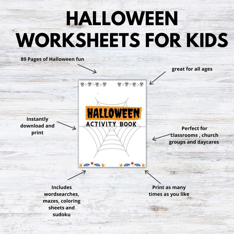 May include: A printable Halloween activity book with 89 pages of fun. The cover features a spiderweb design and the text "Halloween Activity Book".