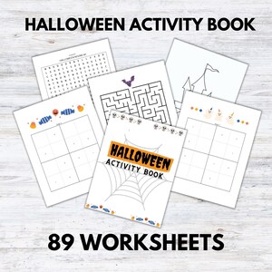 May include: A Halloween activity book with 89 worksheets. The cover features a spiderweb and the text "Halloween Activity Book". The pages include a variety of activities, such as mazes, word searches, and coloring pages.