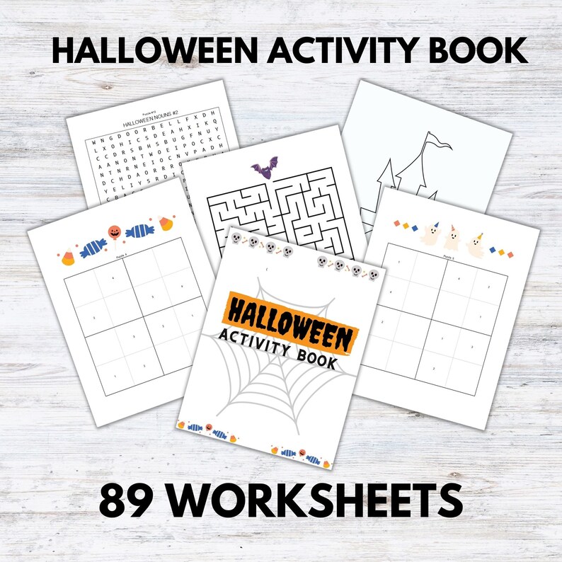 May include: A Halloween activity book with 89 worksheets. The cover features a spiderweb and the text "Halloween Activity Book". The pages include a variety of activities, such as mazes, word searches, and coloring pages.