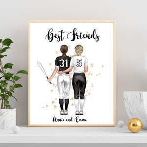 Gepersonaliseerde softbalposter, softbalcadeau beste vrienden, gepersonaliseerde softbalcadeaus, softbalcadeaus voor haar, afdrukbare muurkunst softbal