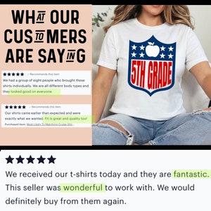 May include: Five star review for a white t-shirt with a red, white, and blue graphic of a football helmet with an apple and the text "5th Grade". The review states "We received our t-shirts today and they are fantastic. This seller was wonderful to work with. We would definitely buy from them again."