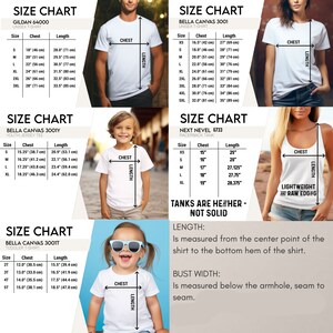 Puede incluir: Tabla de tallas para camisetas unisex Gildan 64000, camisetas unisex Bella Canvas 3001, camisetas de jersey para j&oacute;venes Bella Canvas 3001Y, camisetas para ni&ntilde;os peque&ntilde;os Bella Canvas 3001T y tanques de espalda nadadora Next Level 6733. La tabla incluye medidas de pecho y largo en pulgadas y cent&iacute;metros.