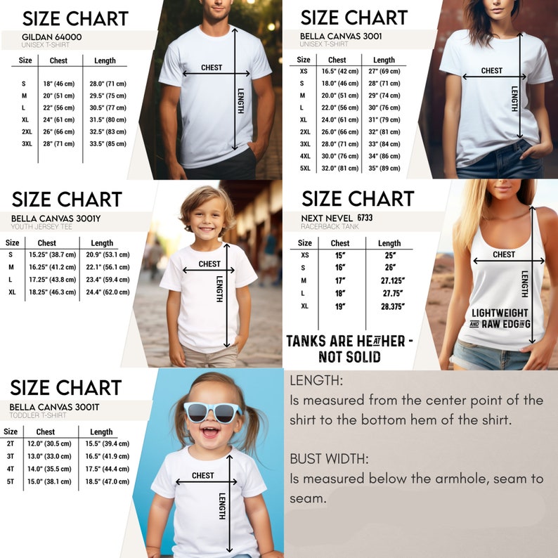 Puede incluir: Tabla de tallas para camisetas unisex Gildan 64000, camisetas unisex Bella Canvas 3001, camisetas de jersey para j&oacute;venes Bella Canvas 3001Y, camisetas para ni&ntilde;os peque&ntilde;os Bella Canvas 3001T y tanques de espalda nadadora Next Level 6733. La tabla incluye medidas de pecho y largo en pulgadas y cent&iacute;metros.