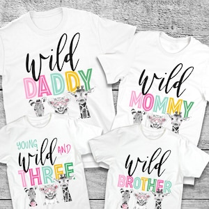 Wild and Three Wild Shirts, young and Wild, Girl Pink and Gold Safari Animals Zoo, Third Birthday Shirt, Family safari floral zoo jungle tee