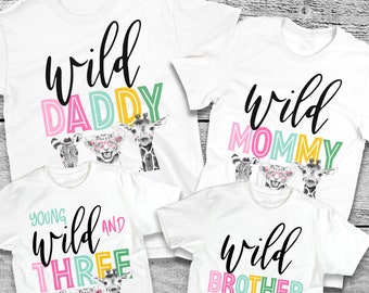 Wild and Three Wild Shirts, young and Wild, Girl Pink and Gold Safari Animals Zoo, Third Birthday Shirt, Family safari floral zoo jungle tee