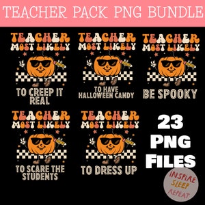 Op de afbeelding: Een set van 23 digitale printbare bestanden met een pompoen met een zonnebril en een potlood, met de tekst "Teacher Most Likely" en verschillende zinnen die betrekking hebben op Halloween. De zinnen zijn "To Creep It Real", "To Have Halloween Candy", "Be Spooky", "To Scare The Students" en "To Dress Up".