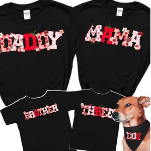 May include: Black t-shirts with text designs. The shirts say "DADDY", "MAMA", "BROTHER", and "THREE". The text is in a red and pink strawberry and gingham pattern. A dog wears a bandana that says "DOG".