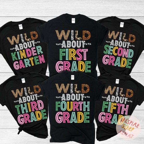 Custom Safari School Shirts, Personalized Jungle Tees, Teacher Shirts, Wild about Kindergarten First Second Third Fourth Fifth Grade Teacher