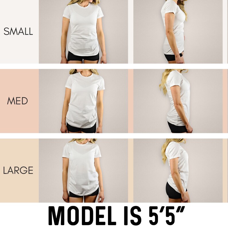 Puede incluir: Tres camisetas blancas en diferentes tallas: peque&ntilde;a, mediana y grande. La modelo mide 1,65 m. Las camisetas se muestran sobre un fondo blanco.