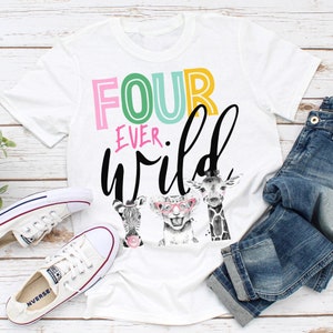 Fourever Wild Shirts, young and Wild, Girl Pink and Gold Safari Animals Zoo, Fourth Birthday Shirt, Family safari floral zoo jungle tee