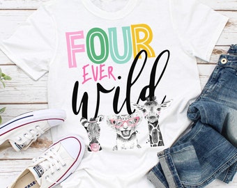 Fourever Wild Shirts, young and Wild, Girl Pink and Gold Safari Animals Zoo, Fourth Birthday Shirt, Family safari floral zoo jungle tee