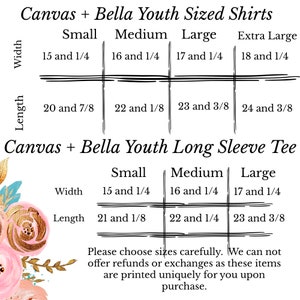 May include: A chart showing size measurements for youth sized shirts and long sleeve tees from Canvas + Bella. The chart shows width and length measurements in inches for small, medium, large, and extra large sizes.