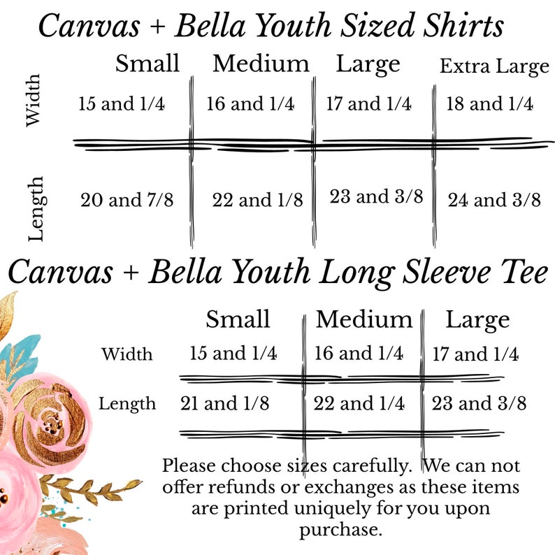 May include: A chart showing size measurements for youth sized shirts and long sleeve tees from Canvas + Bella. The chart shows width and length measurements in inches for small, medium, large, and extra large sizes.