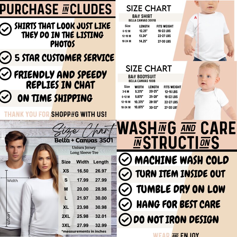 Puede incluir: Una tabla de tallas para camisetas de manga larga unisex Bella + Canvas, con medidas en pulgadas. La tabla incluye tallas XS a 3XL, con las medidas de ancho y largo correspondientes. La imagen tambi&eacute;n incluye una lista de instrucciones de lavado y cuidado, como lavar a m&aacute;quina con agua fr&iacute;a, voltear la prenda al rev&eacute;s, secar en secadora a baja temperatura, colgar para un mejor cuidado y no planchar el dise&ntilde;o.