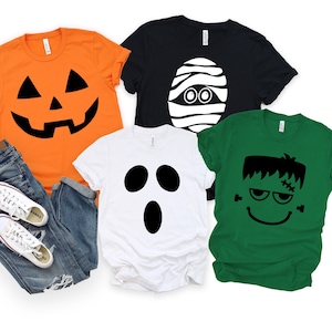 グループハロウィンシャツ、お揃いのハロウィンコスチュームパーティーTシャツ、カップルコスチューム、友人家族用コスチューム、ゴースト、カボチャの顔、ミイラ