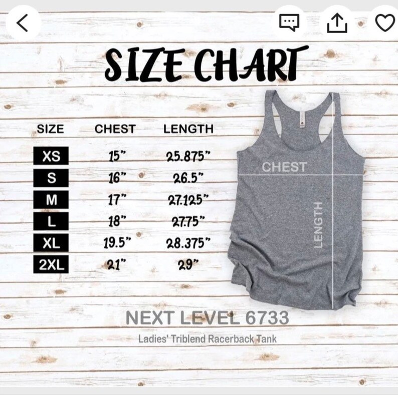 May include: A gray racerback tank top with a size chart. The chart lists sizes XS to 2XL, with chest measurements from 15" to 21" and lengths from 25.875" to 29". The text "NEXT LEVEL 6733" and "Ladies' Triblend Racerback Tank" are also visible.