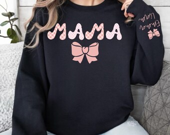 Custom Mama Sweatshirt Kid Name on Sleeve, Coquette Mom Sweatshirt, Girly Gift for Mom, Personalized Mom Sweatshirt, Gift for Her, Pink Bows
