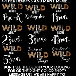 May include: A set of nine colourful graphic designs featuring the word "WILD" with different grade levels, including Pre-K, Kindergarten, 1st, 2nd, 3rd, 4th, 5th, Teacher of Wild Things, and Speech Therapist of Wild Things. The designs are perfect for teachers, therapists, and students.