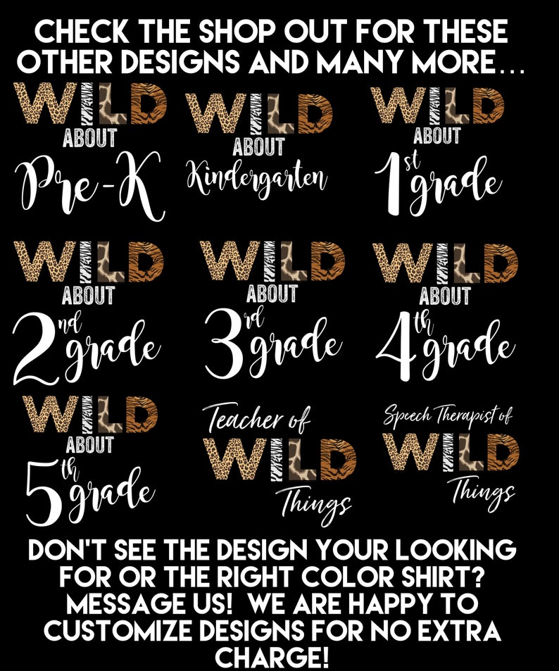 May include: A set of nine colourful graphic designs featuring the word "WILD" with different grade levels, including Pre-K, Kindergarten, 1st, 2nd, 3rd, 4th, 5th, Teacher of Wild Things, and Speech Therapist of Wild Things. The designs are perfect for teachers, therapists, and students.