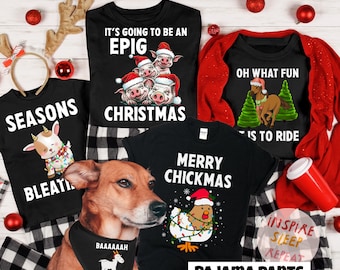 Chemises de Noël en famille, chemises de Noël assorties drôles pour la famille, t-shirts sur le thème de la ferme, cadeau pour amateur de cheval chèvre poulet vache cochon, lumières de Noël