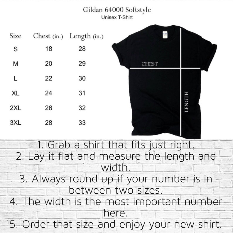 K&ouml;nnte beinhalten: Eine Gr&ouml;&szlig;entabelle f&uuml;r ein Gildan 64000 Softstyle Unisex T-Shirt. Die Tabelle zeigt die Brust- und L&auml;ngenma&szlig;e in Zoll f&uuml;r die Gr&ouml;&szlig;en S, M, L, XL, 2XL und 3XL. Ein Bild eines schwarzen T-Shirts ist mit den markierten Brust- und L&auml;ngenma&szlig;en abgebildet.