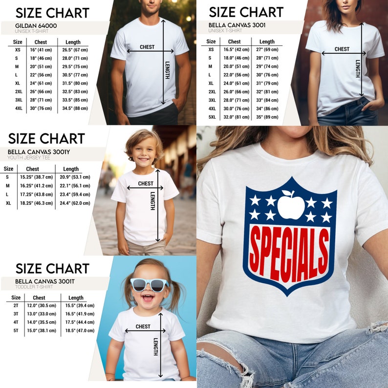 May include: Size chart for Gildan 64000 unisex t-shirts, Bella Canvas 3001Y youth jersey tee, and Bella Canvas 3001T toddler t-shirts. The chart shows chest and length measurements in inches and centimeters.