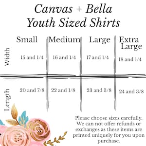 May include: A chart showing youth shirt sizes in inches. The chart is labelled "Canvas + Bella Youth Sized Shirts". The chart shows the width and length measurements for sizes small, medium, large, and extra large.